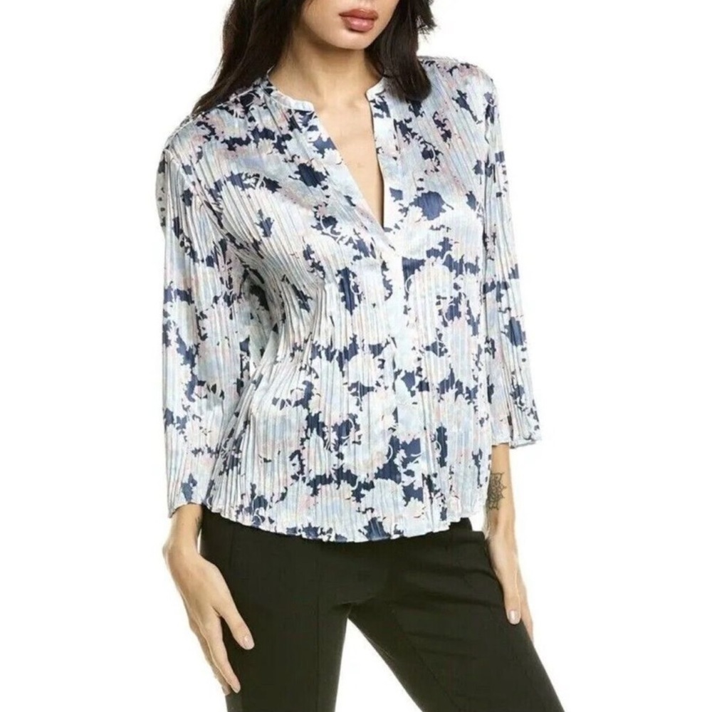 Vince Lotus Pleated Blouse Button Down Tide Pool Blue Size 1X NWT